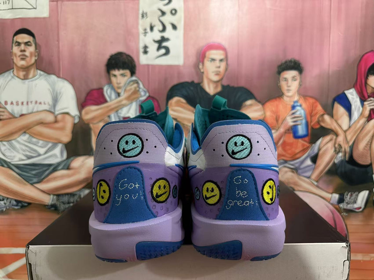 Nike Crooked-Smile Face Basketball Sneakers in Purple and Teal - product image from the listing.