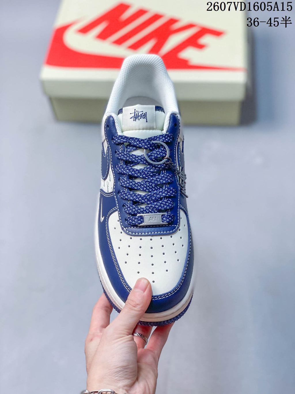 Nike Air Force 1 Blue White Stüssy-Style Trainers 2607VD1605A15 - product image from the listing.