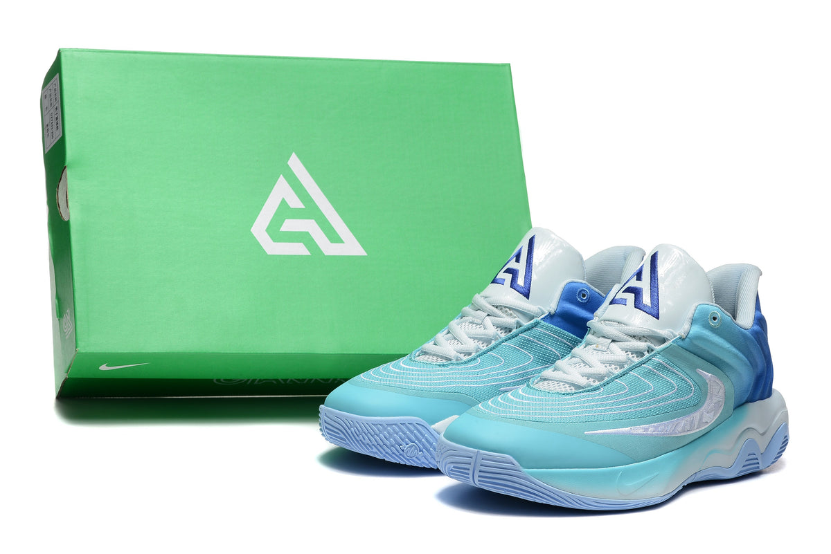 Nike Basketball Footwear in Aqua Blue and White, Style 885-6 - product image from the listing.