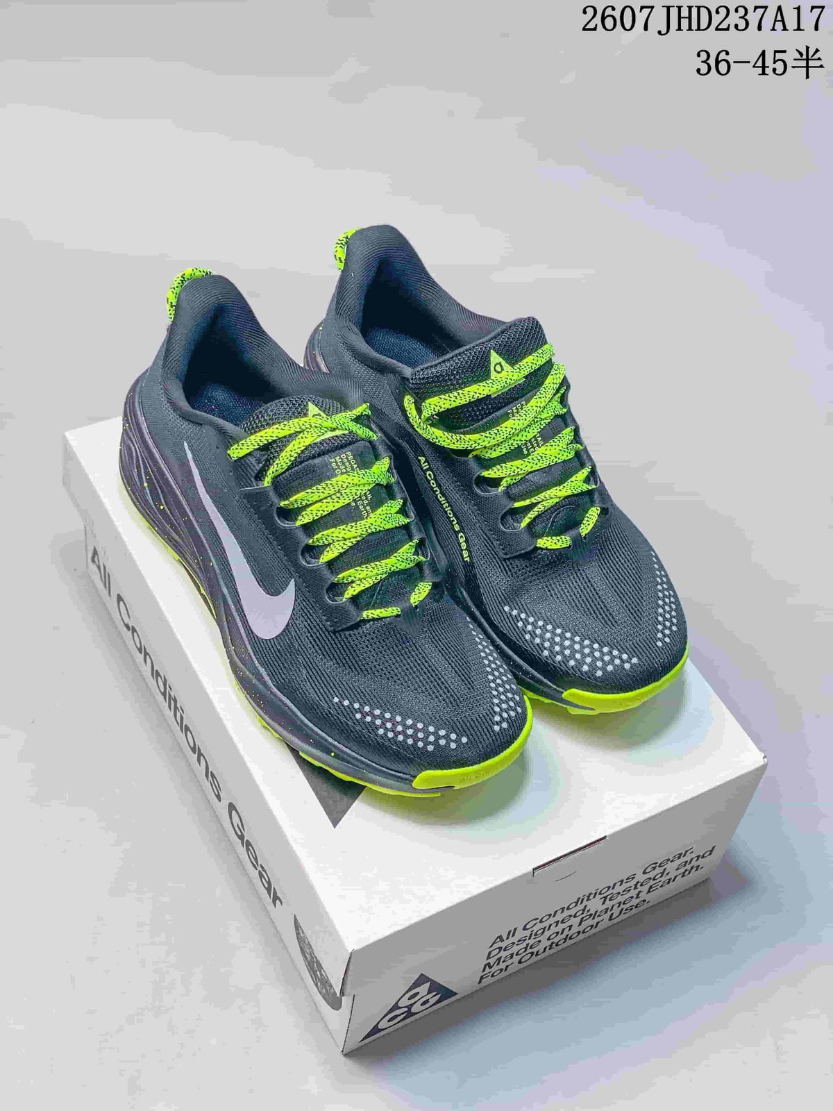 Nike ReactX Pegasus ACG Trail 6 Shoes, in Dark Gray and Lime - product image from the listing.
