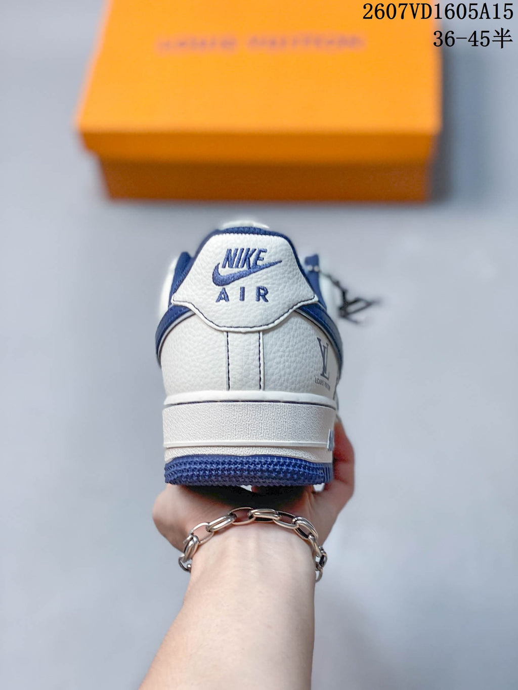 Nike Air Force 1 White Blue Monogram Trainers 2607VD1605A15 - product image from the listing.