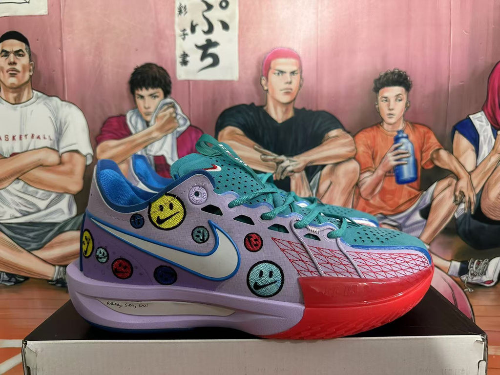 Nike Crooked-Smile Face Basketball Sneakers in Purple and Teal - product image from the listing.