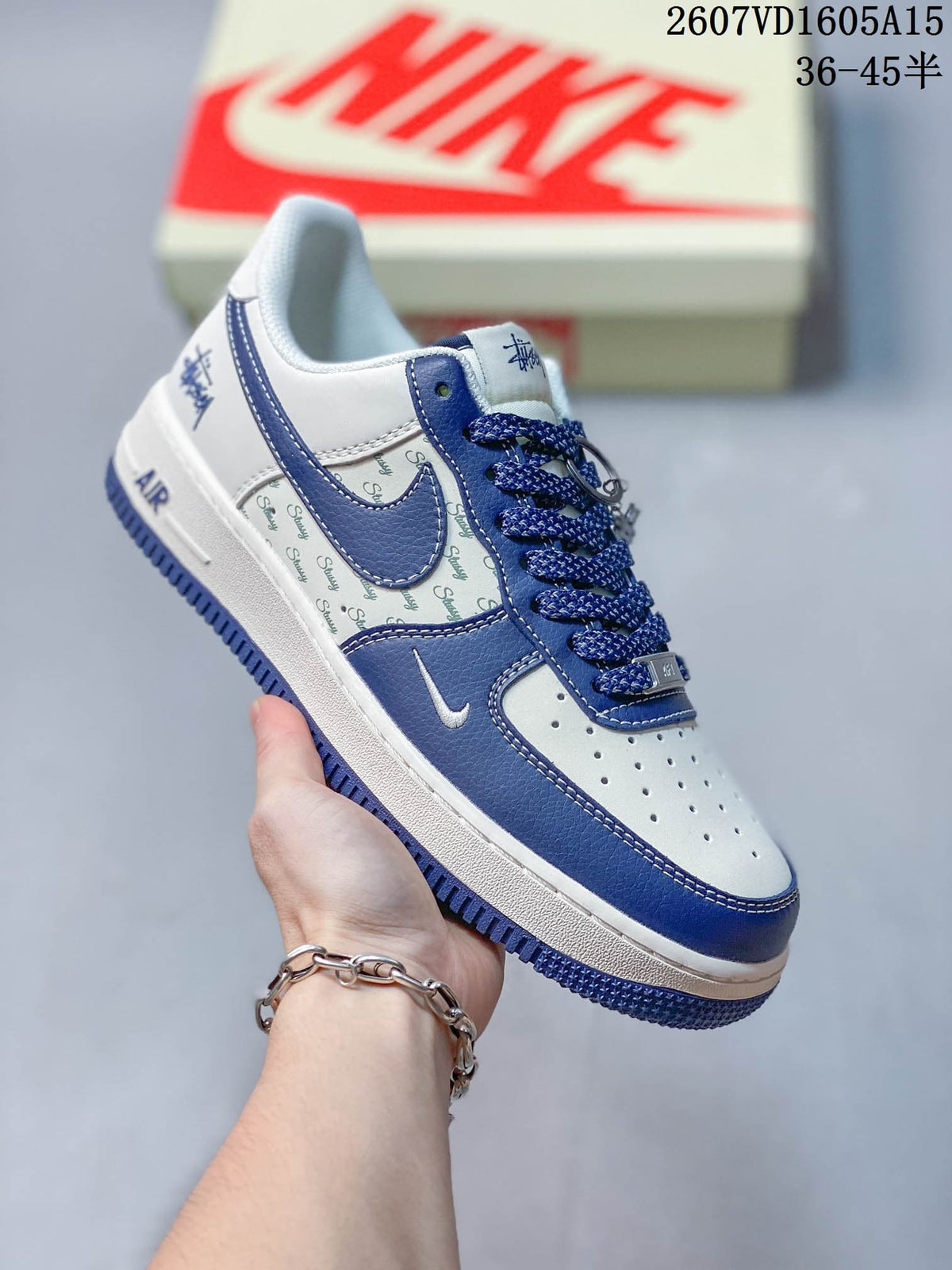 Nike Air Force 1 Blue White Stüssy-Style Trainers 2607VD1605A15 - product image from the listing.