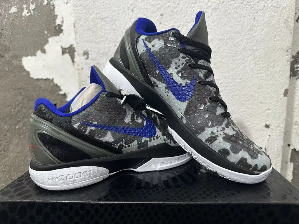 Nike Kobe 6 Protro Basketball Shoes, Gray Camo and in Blue - product image from the listing.