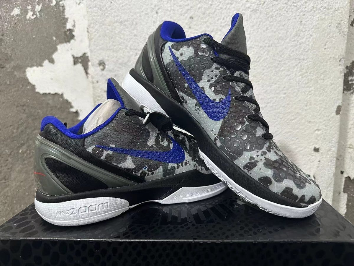 Nike Kobe 6 Protro Basketball Shoes, Gray Camo and in Blue - product image from the listing.