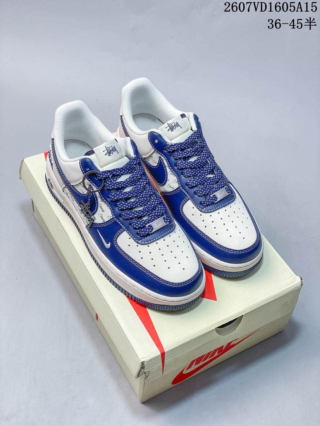 Nike Air Force 1 Blue White Stüssy-Style Trainers 2607VD1605A15 - product image from the listing.