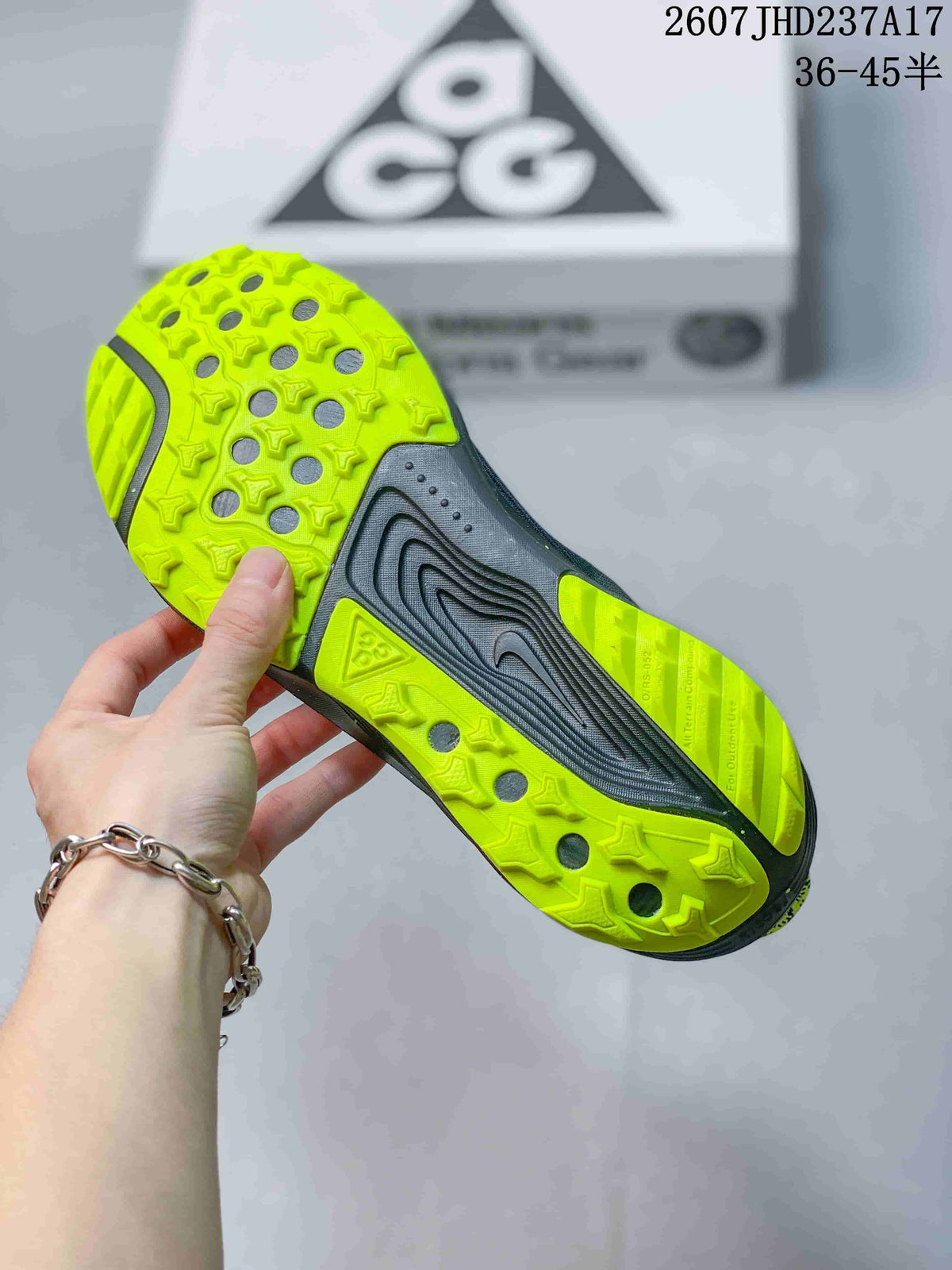 Nike ReactX Pegasus ACG Trail 6 Shoes, in Dark Gray and Lime - product image from the listing.