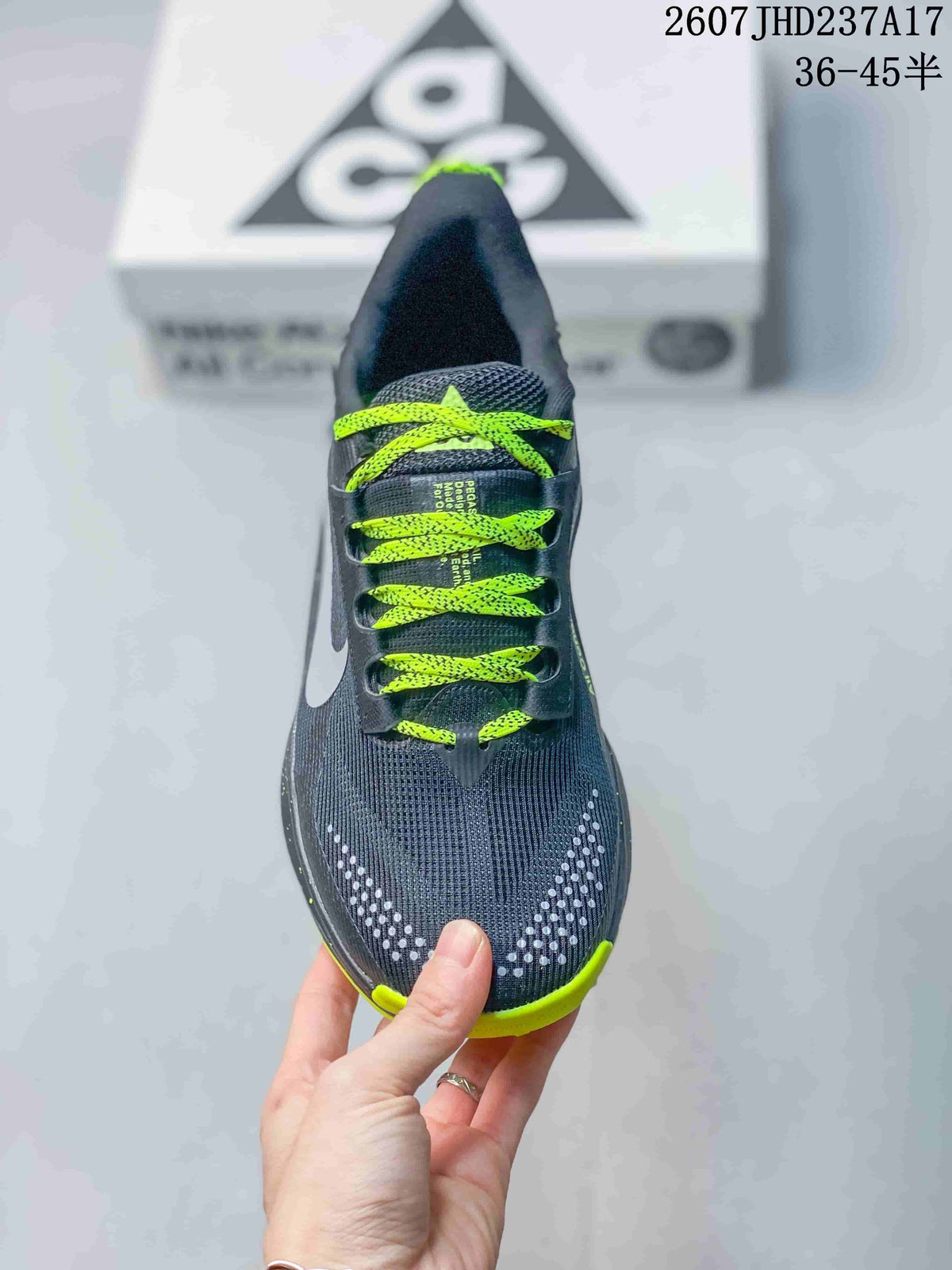 Nike ReactX Pegasus ACG Trail 6 Shoes, in Dark Gray and Lime - product image from the listing.