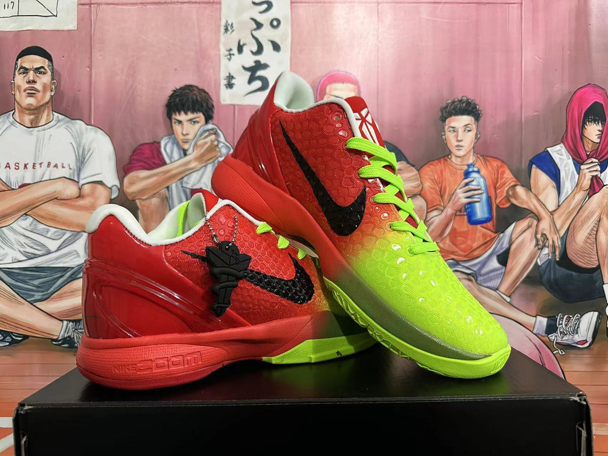 Nike Kobe 6 Basketball Shoes in Red and Volt Green - product image from the listing.
