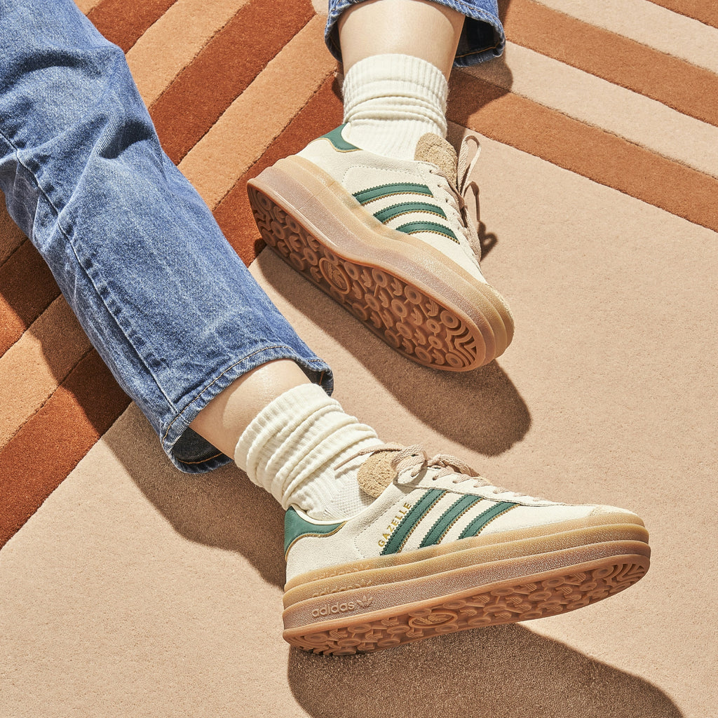 Women's Adidas Gazelle Bold Beige Collegiate Green - product image from the listing.