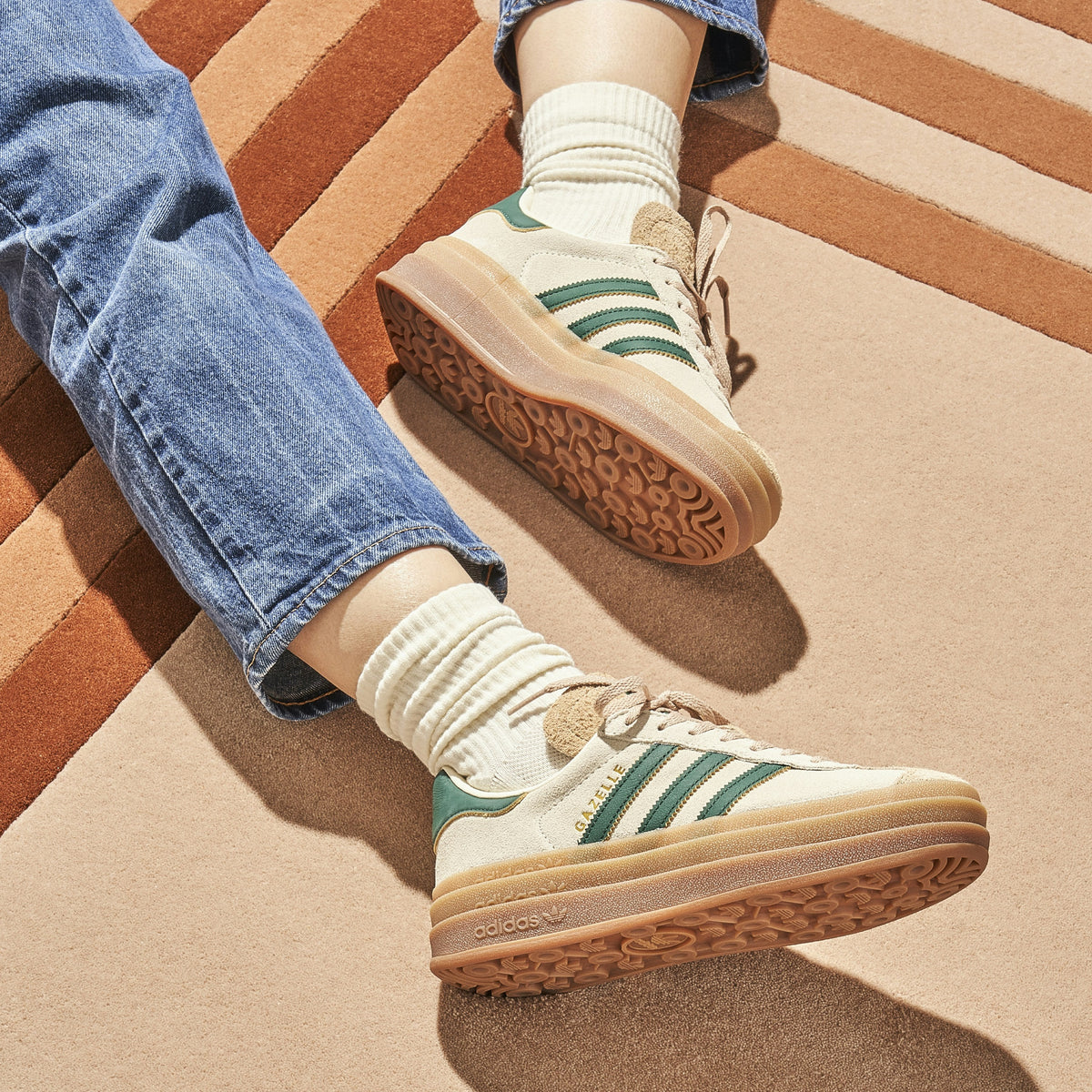 Women's Adidas Gazelle Bold Beige Collegiate Green - product image from the listing.