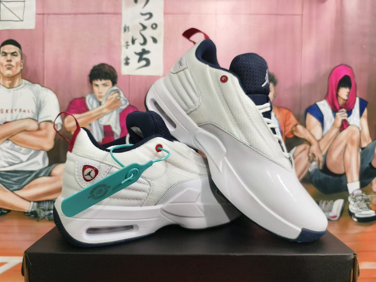 Jordan White Basketball Footwear with Navy and Red Accents - product image from the listing.