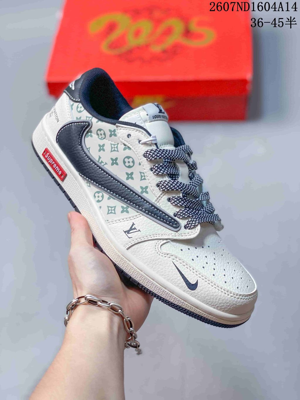 Nike SB Dunk Low LV Monogram Sneakers in White Navy 2607ND1604A14 - product image from the listing.