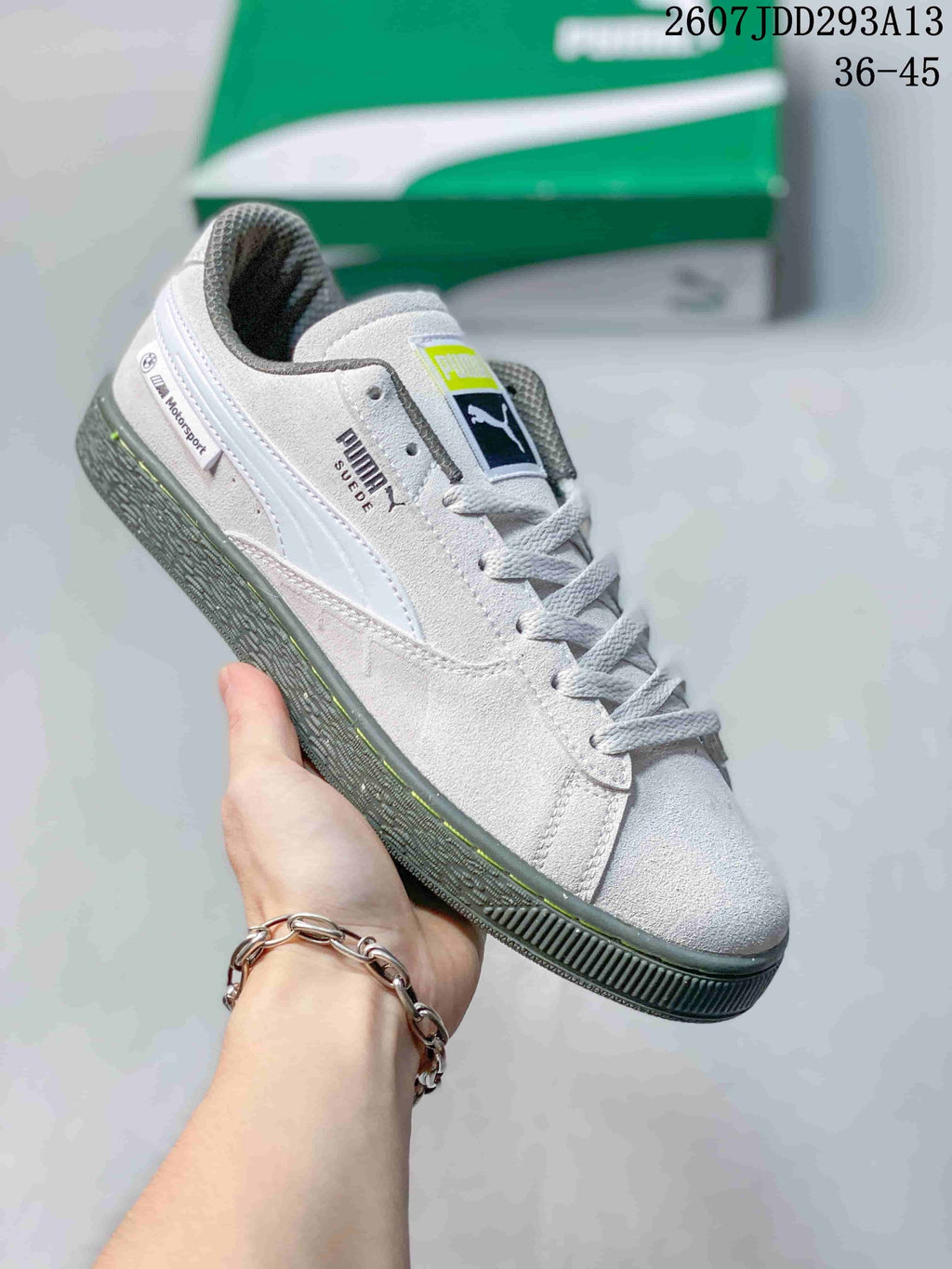 PUMA BMW MMS Suede XL Sneakers in White and Gray 2607JDD293A13 - product image from the listing.