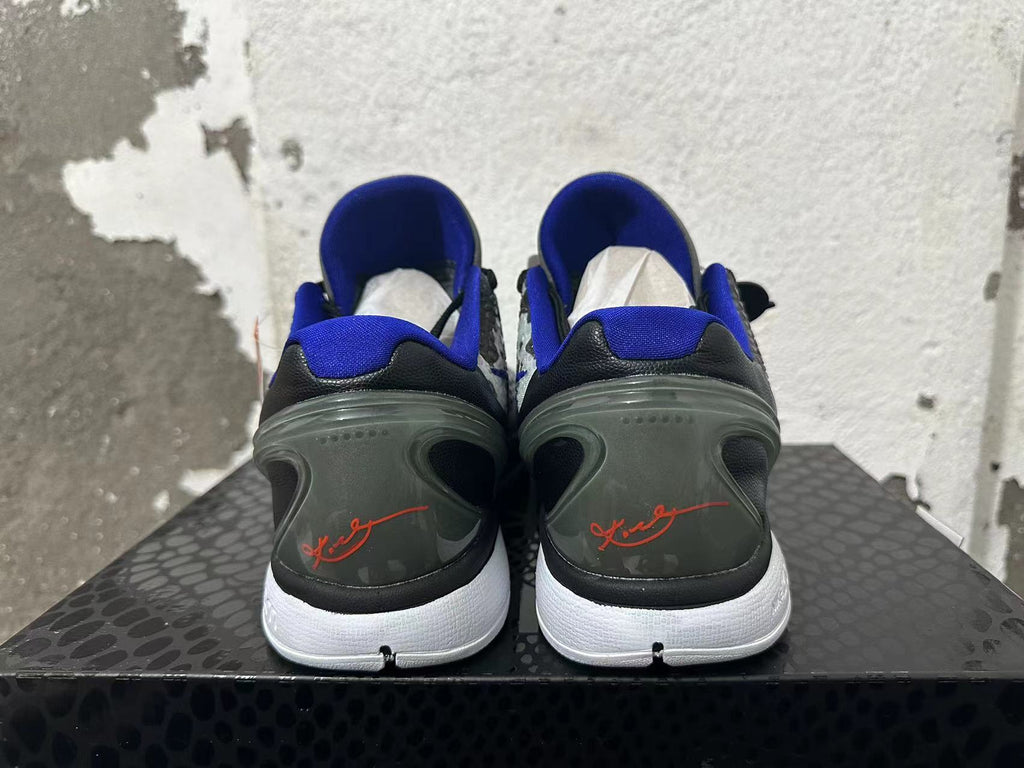 Nike Kobe 6 Protro Basketball Shoes, Gray Camo and in Blue - product image from the listing.