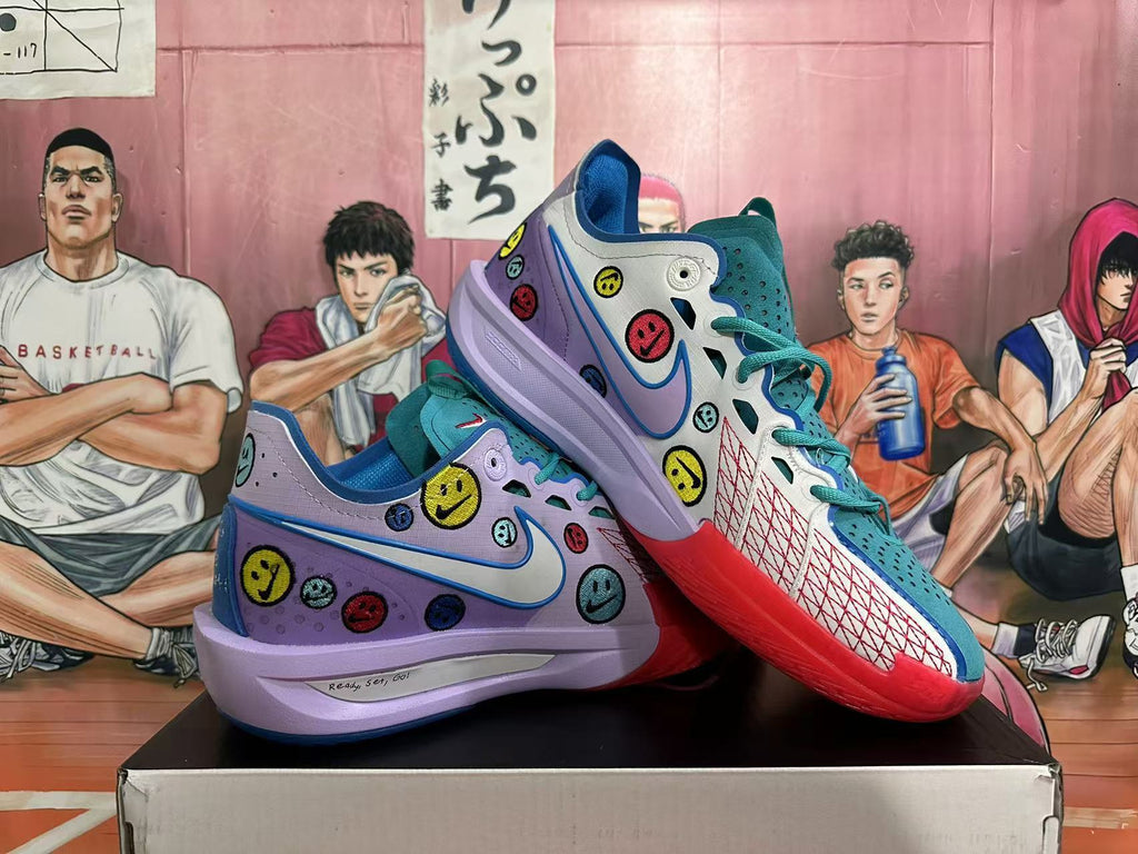 Nike Crooked-Smile Face Basketball Sneakers in Purple and Teal - product image from the listing.