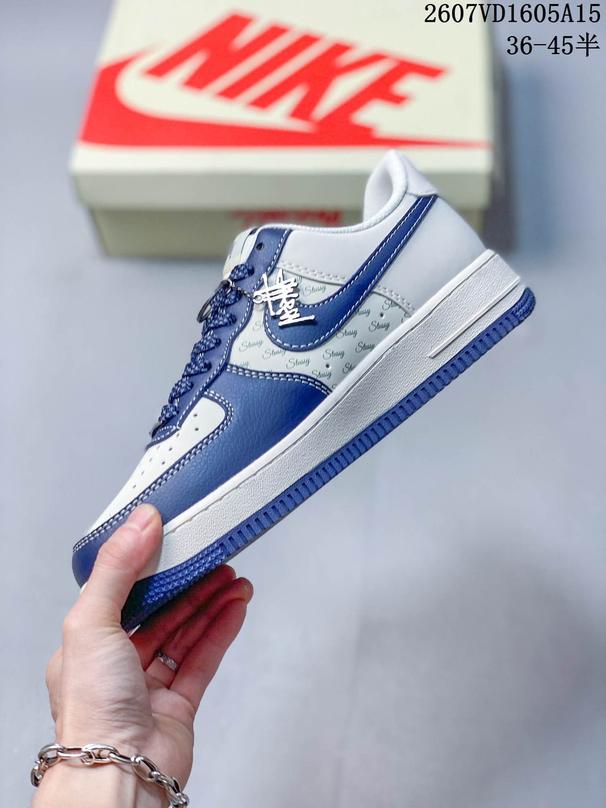 Nike Air Force 1 Blue White Stüssy-Style Trainers 2607VD1605A15 - product image from the listing.