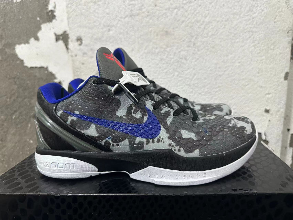 Nike Kobe 6 Protro Basketball Shoes, Gray Camo and in Blue - product image from the listing.