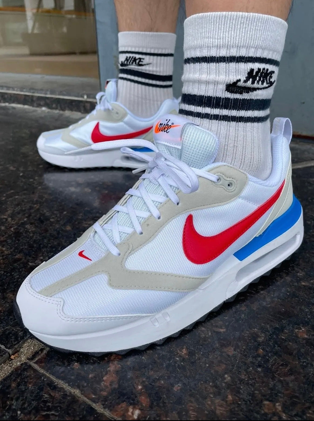 Nike Air Max Dawn Sneakers in White Red Blue DM0013-100 - product image from the listing.
