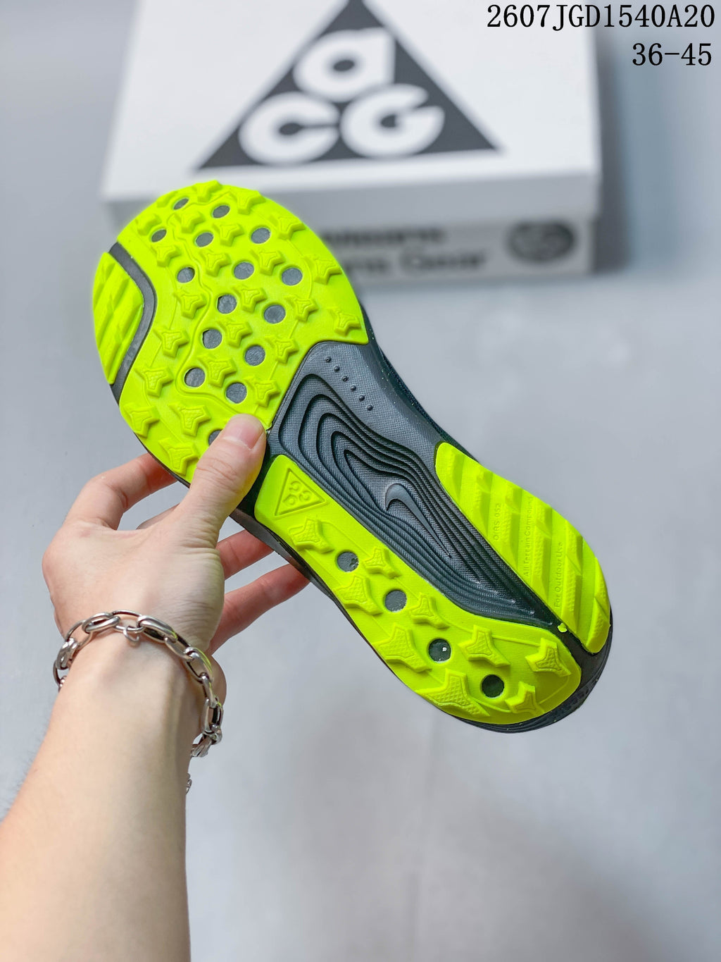 Nike ACG Pegasus Trail Sneakers Dark Gray Neon in Green HV8116-400 - product image from the listing.