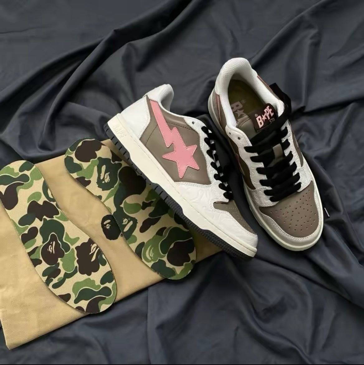 BAPE Sk8 Sta Low-Top Sneakers in White, in Taupe and Pink - product image from the listing.