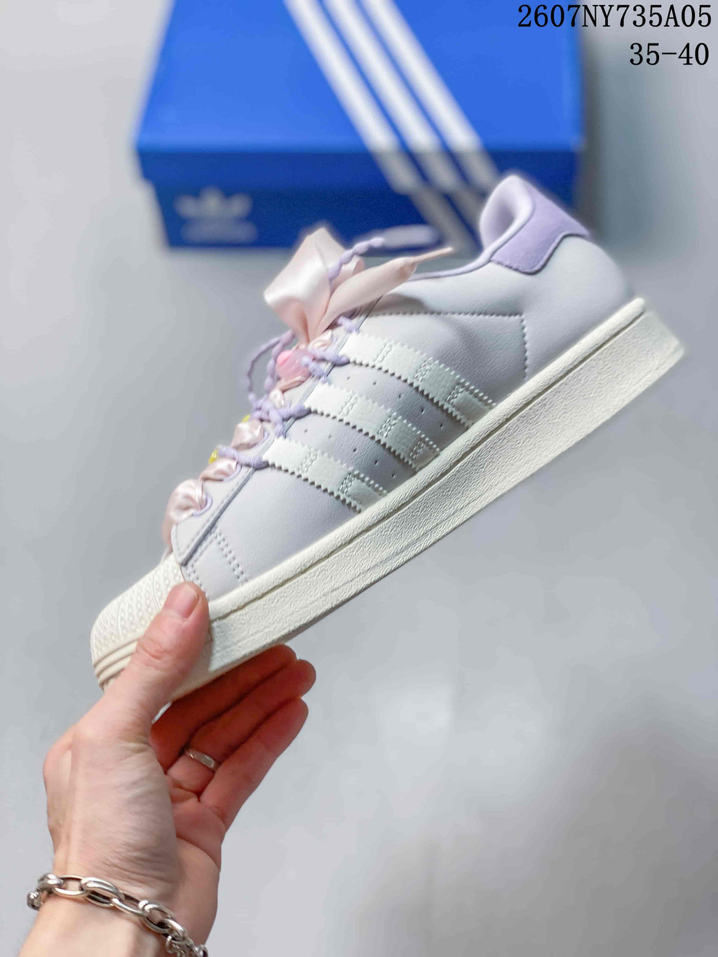 Adidas Superstar Custom White Trainers with Lilac and Pink Details - product image from the listing.