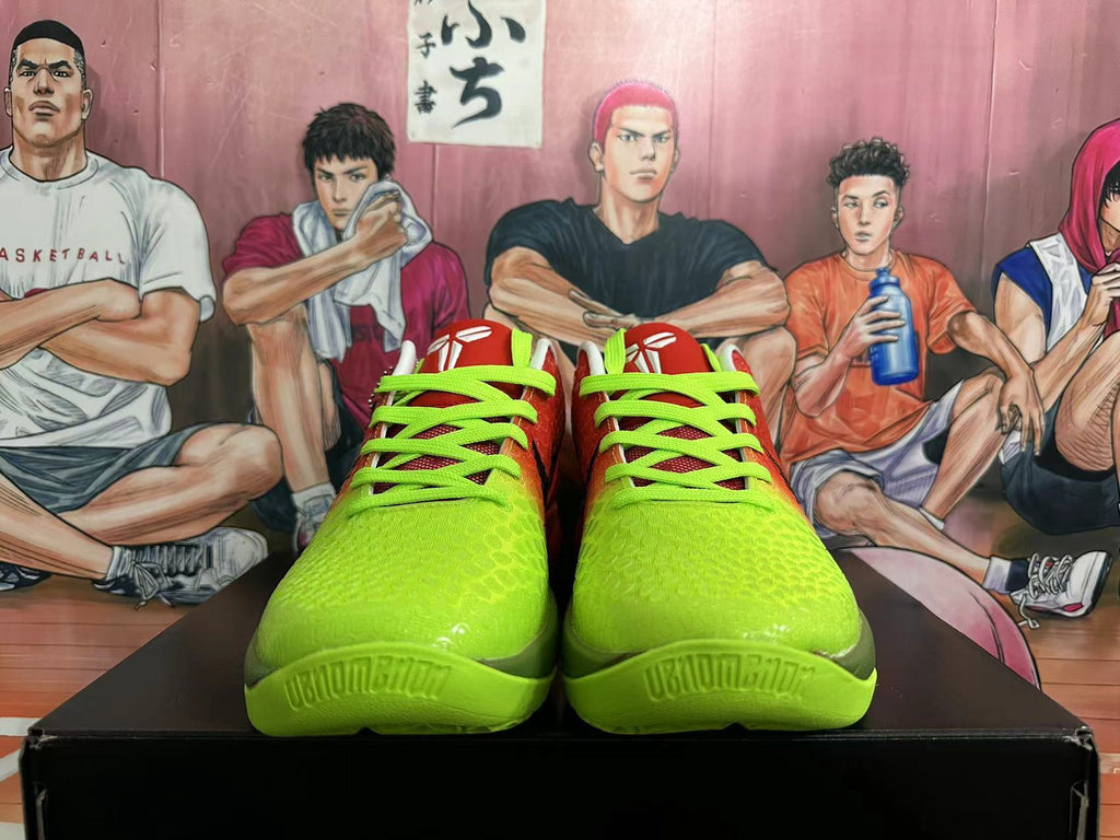 Nike Kobe 6 Basketball Shoes in Red and Volt Green - product image from the listing.