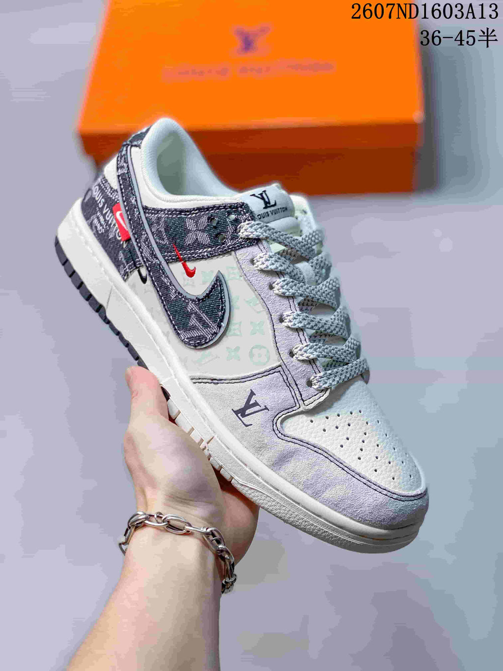 Nike SB Dunk Low LV-Pattern Sneakers in Grey White - product image from the listing.