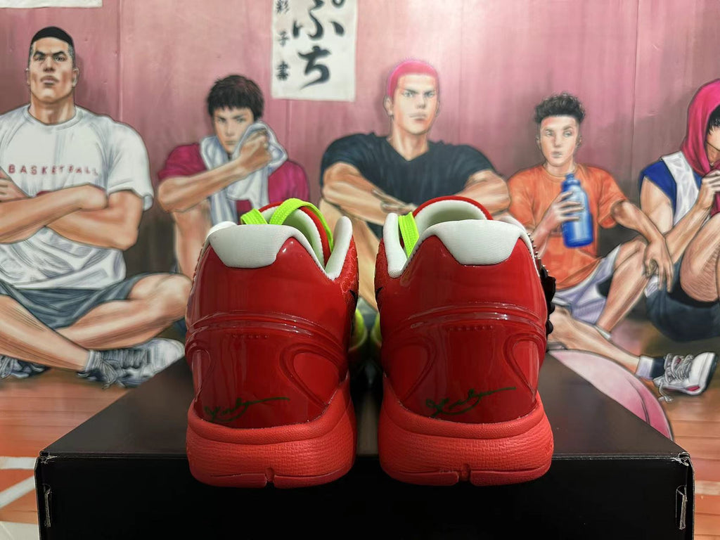 Nike Kobe 6 Basketball Shoes in Red and Volt Green - product image from the listing.