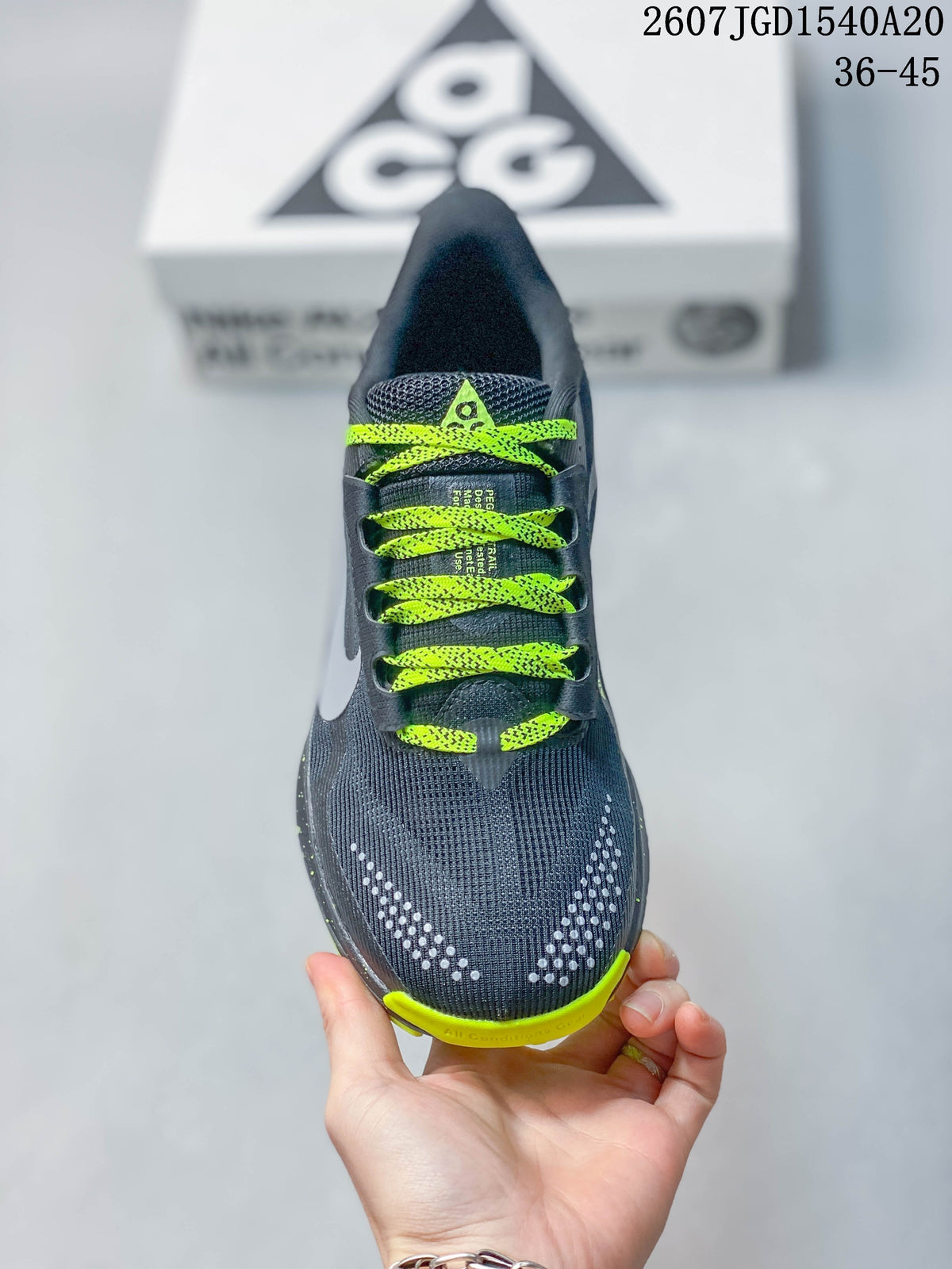 Nike ACG Pegasus Trail Sneakers Dark Gray Neon in Green HV8116-400 - product image from the listing.