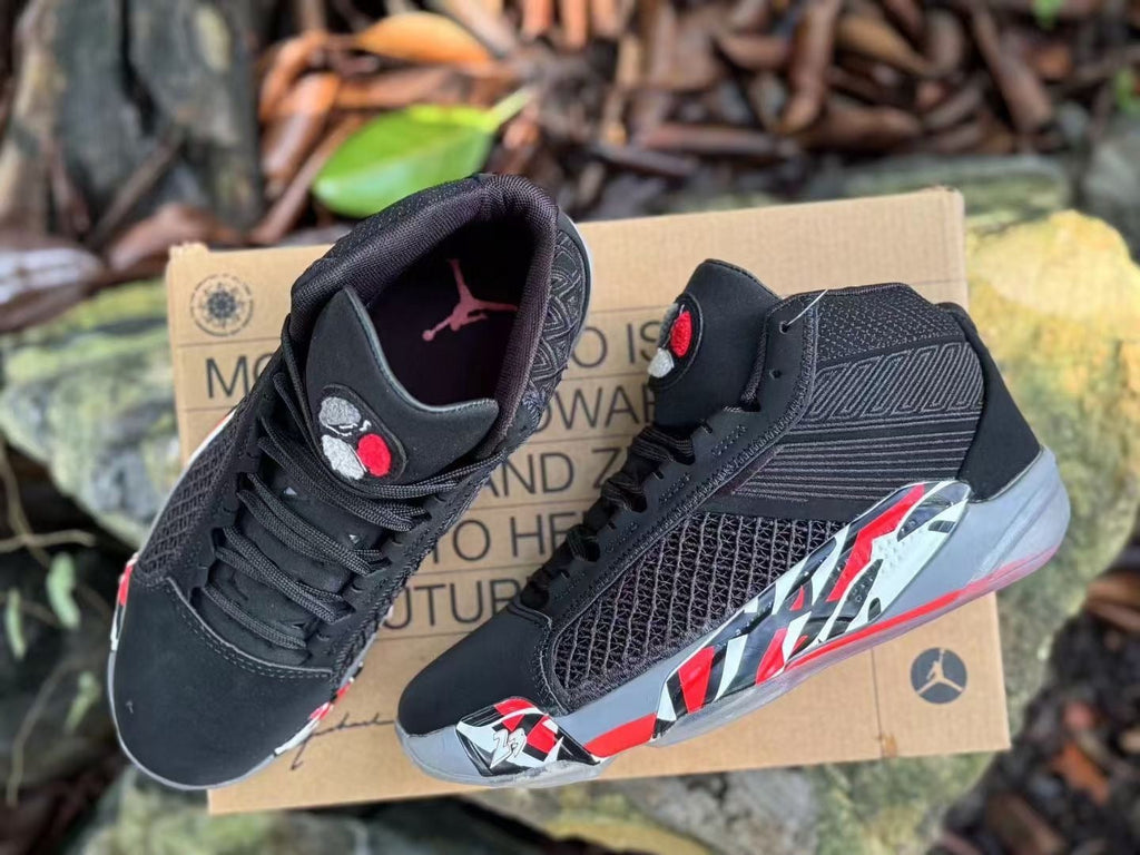 Jordan XXXVIII Playoffs 23 Basketball Shoes in Black Red - product image from the listing.