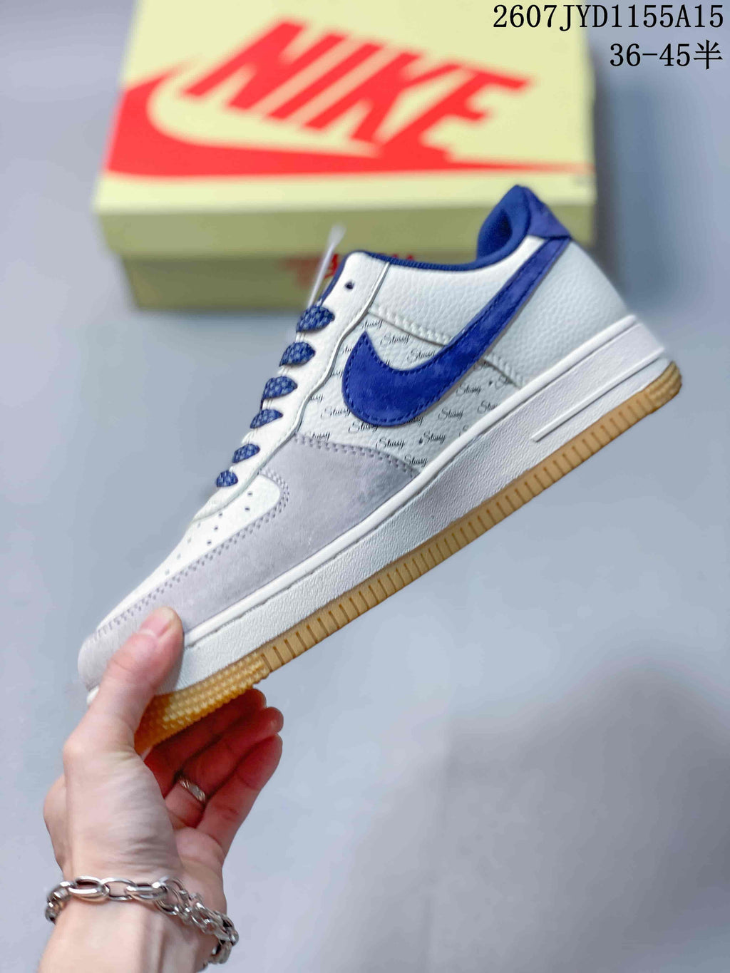 Nike Air Force 1 Sneakers in White Grey Blue 2607JYD1155A15 - product image from the listing.
