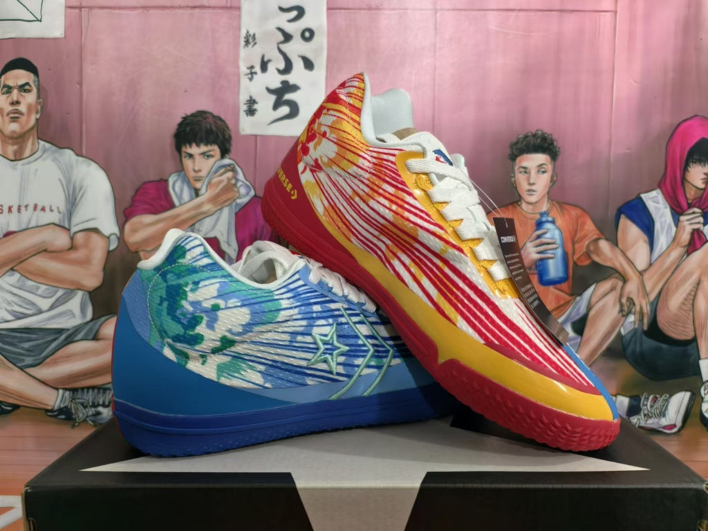 Converse Basketball Footwear in Red and Blue Mismatched Colors - product image from the listing.