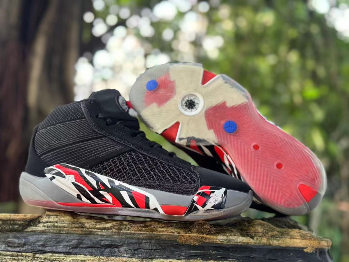 Jordan XXXVIII Playoffs 23 Basketball Shoes in Black Red - product image from the listing.