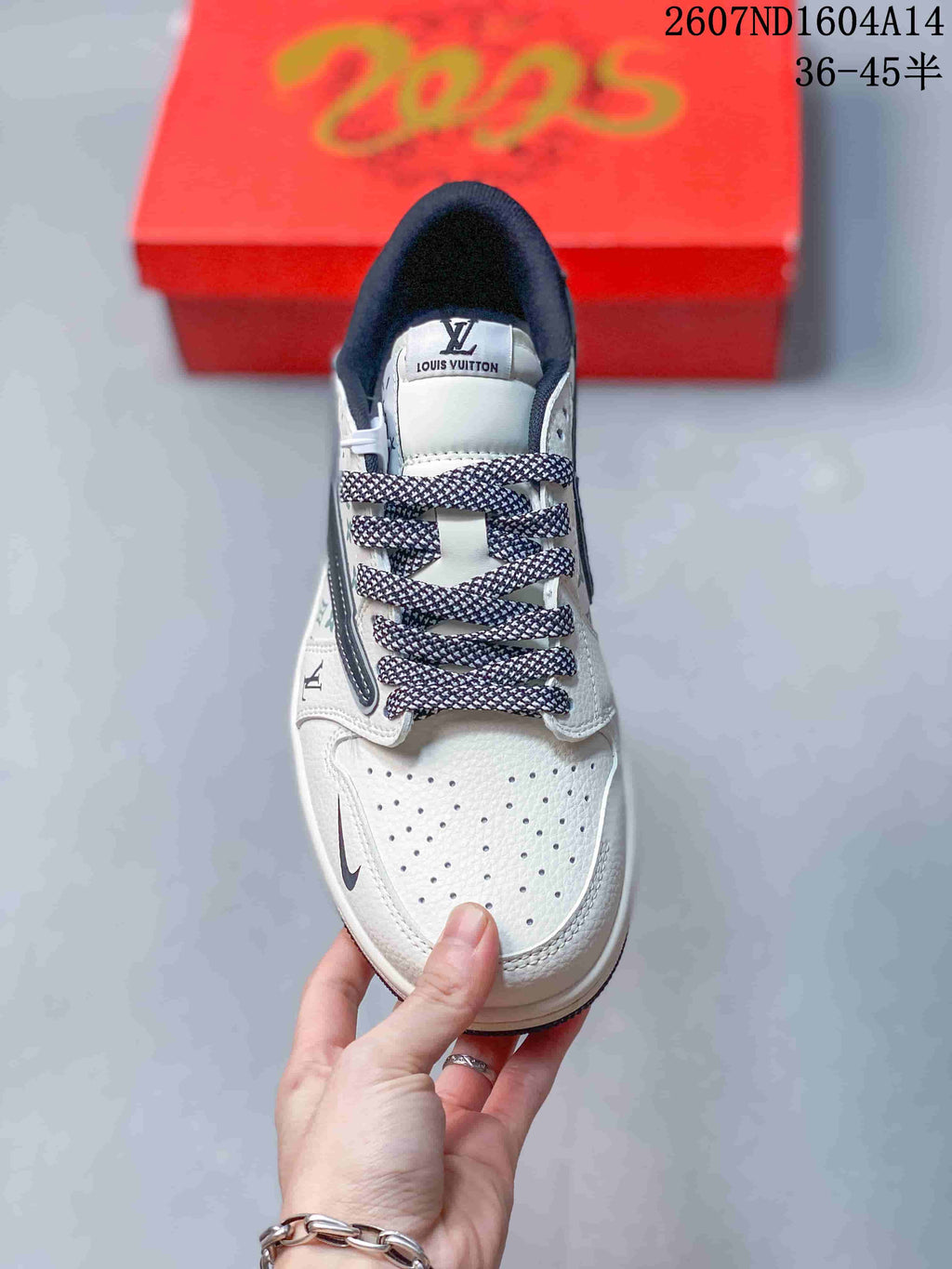 Nike SB Dunk Low LV Monogram Sneakers in White Navy 2607ND1604A14 - product image from the listing.