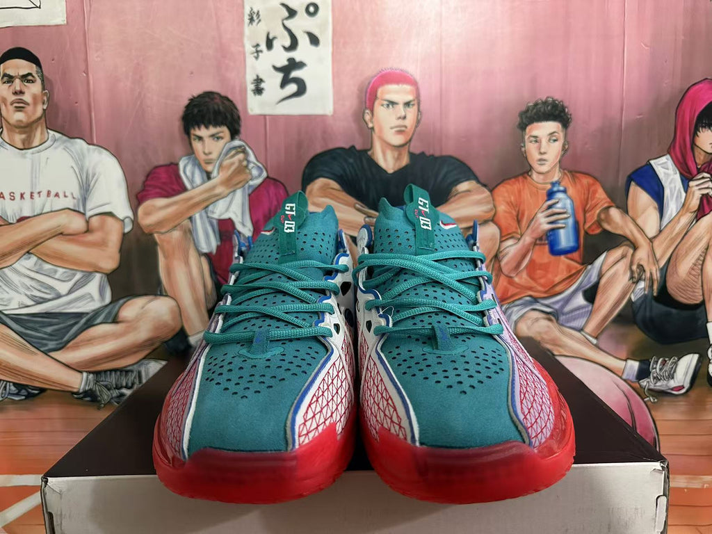 Nike Crooked-Smile Face Basketball Sneakers in Purple and Teal - product image from the listing.