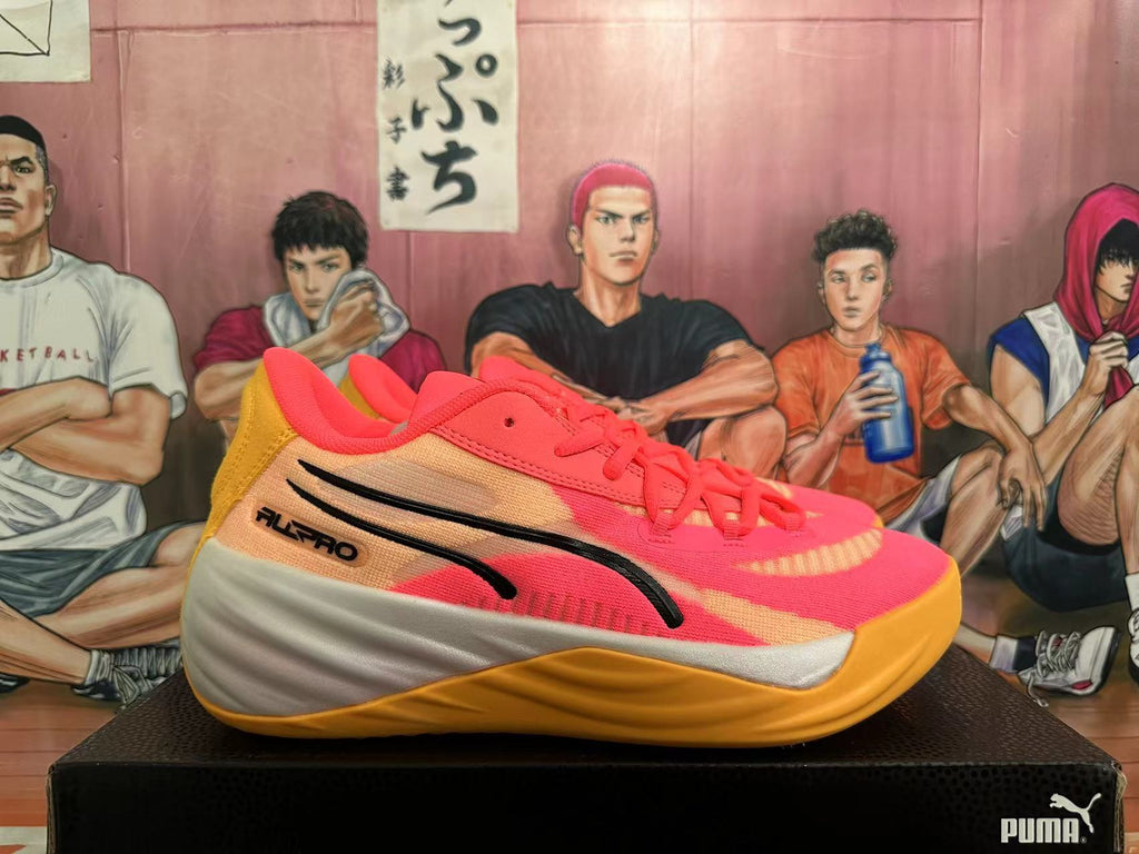PUMA All-Pro Basketball Shoes, in Pink and Gold - product image from the listing.