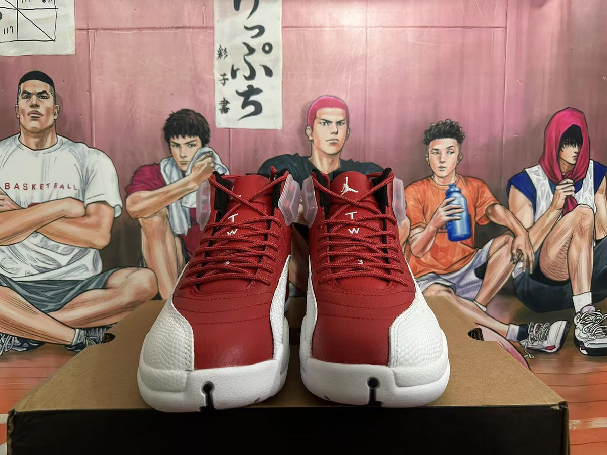 Red and White Jordan 12 High-Top Sneakers - product image from the listing.
