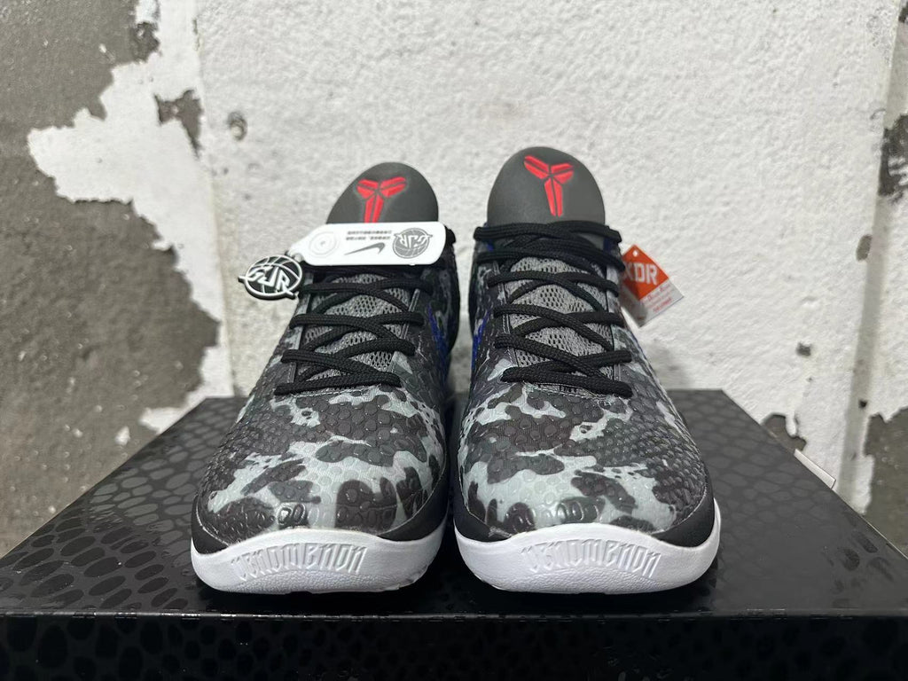 Nike Kobe 6 Protro Basketball Shoes, Gray Camo and in Blue - product image from the listing.