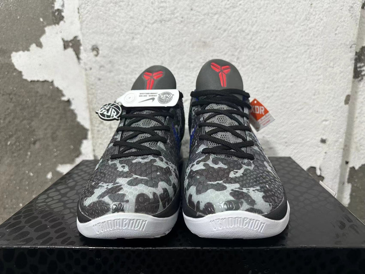 Nike Kobe 6 Protro Basketball Shoes, Gray Camo and in Blue - product image from the listing.