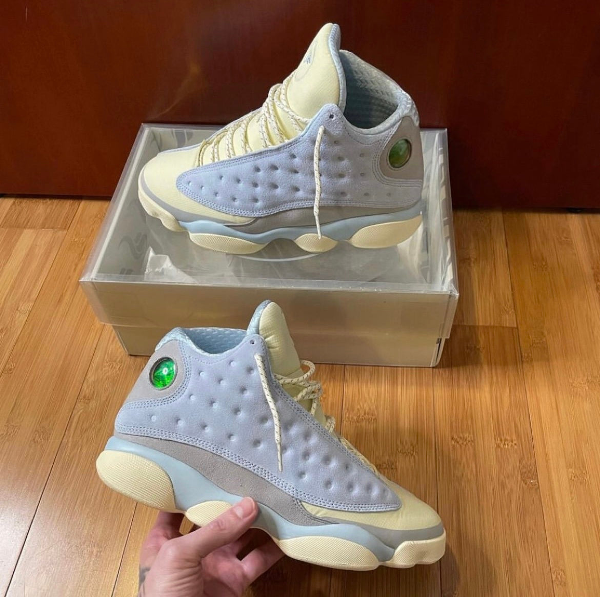 Blue and Cream Jordan 13 SoleFly DX5763-100 Sneakers - product image from the listing.