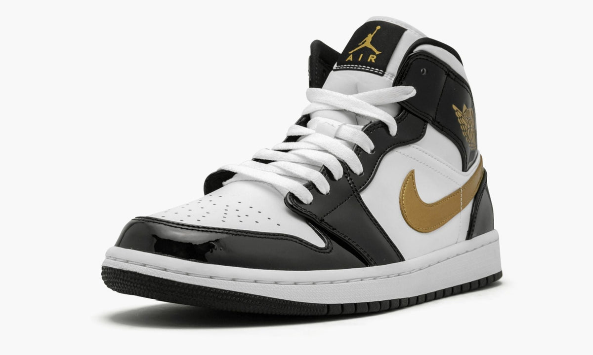 "Black Gold Patent Leather" Air Jordan 1 Mid SE Sneakers - product image from the listing.