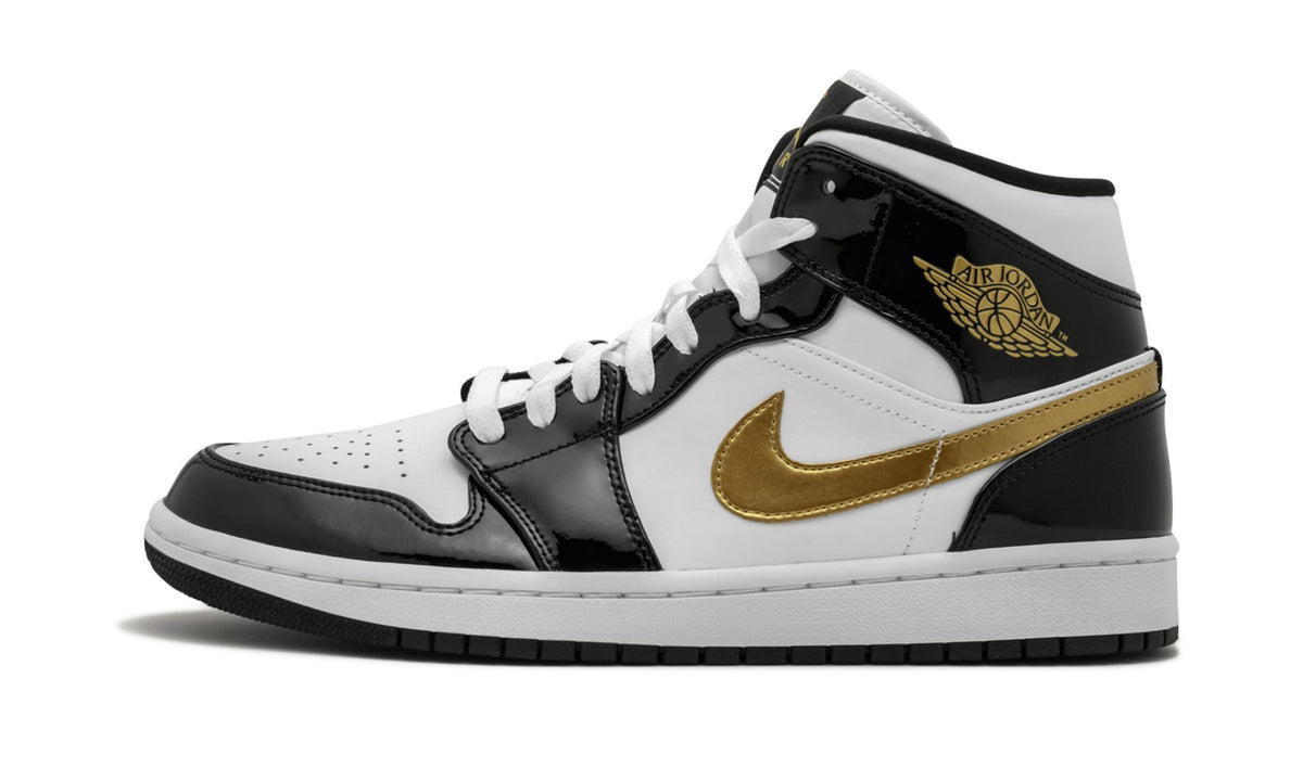 "Black Gold Patent Leather" Air Jordan 1 Mid SE Sneakers - product image from the listing.