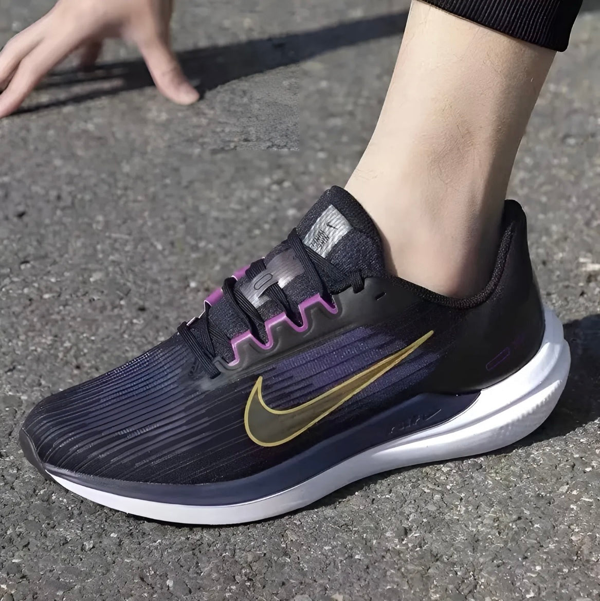 Nike Air Winflo 9 Running Shoes in Black Blue Gold DD6203-007 - product image from the listing.