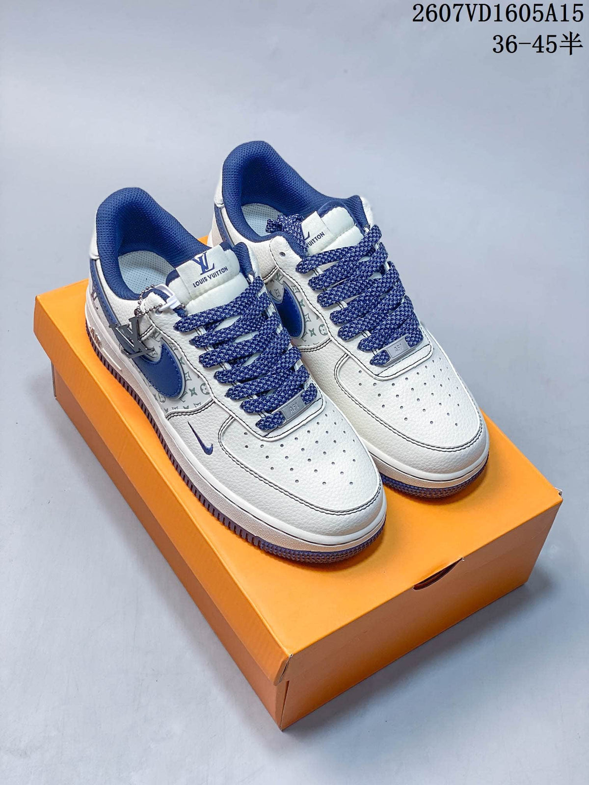 Nike Air Force 1 White Blue Monogram Trainers 2607VD1605A15 - product image from the listing.