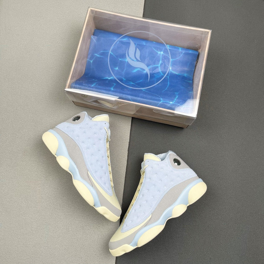 Blue and Cream Jordan 13 SoleFly DX5763-100 Sneakers - product image from the listing.