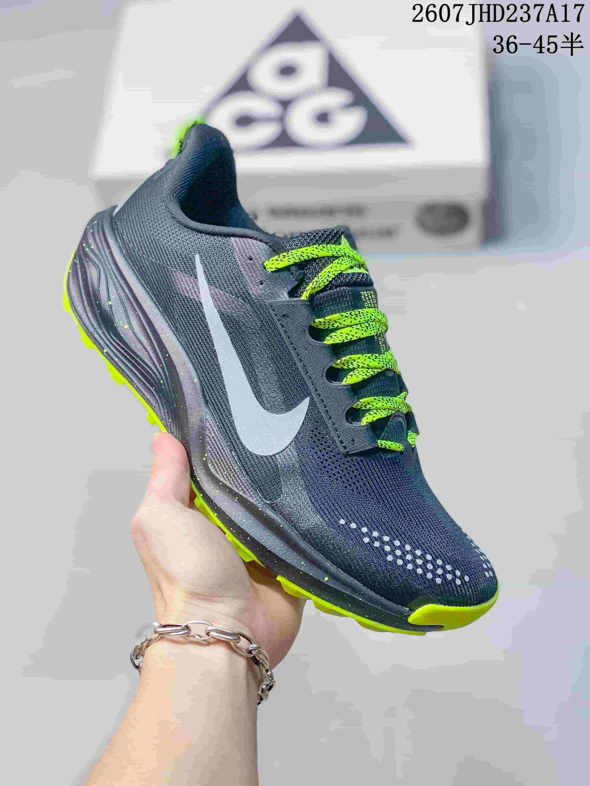 Nike ReactX Pegasus ACG Trail 6 Shoes, in Dark Gray and Lime - product image from the listing.