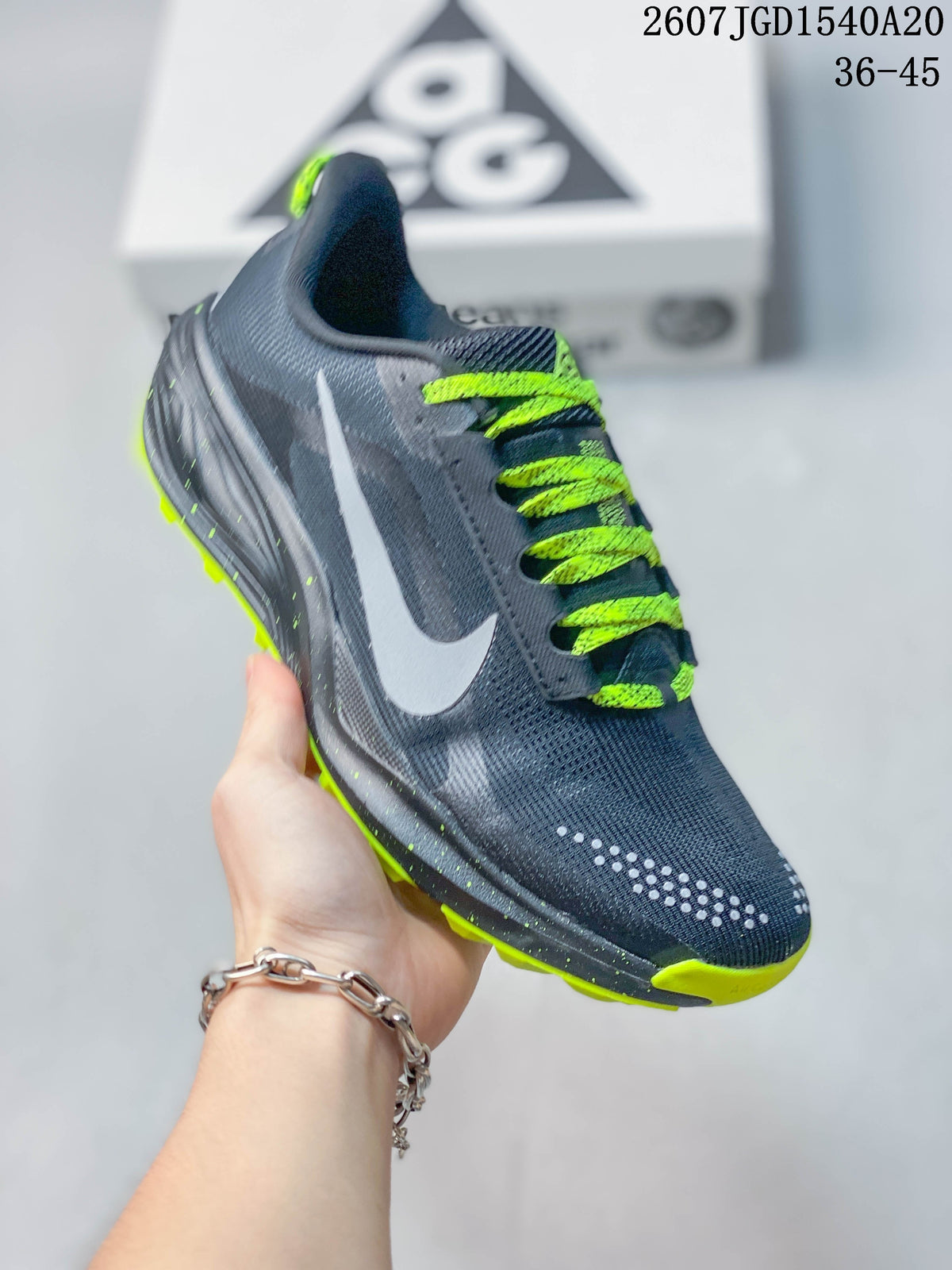 Nike ACG Pegasus Trail Sneakers Dark Gray Neon in Green HV8116-400 - product image from the listing.