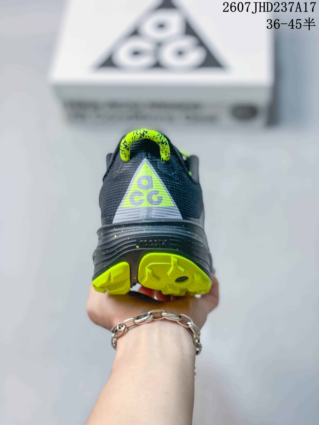 Nike ReactX Pegasus ACG Trail 6 Shoes, in Dark Gray and Lime - product image from the listing.