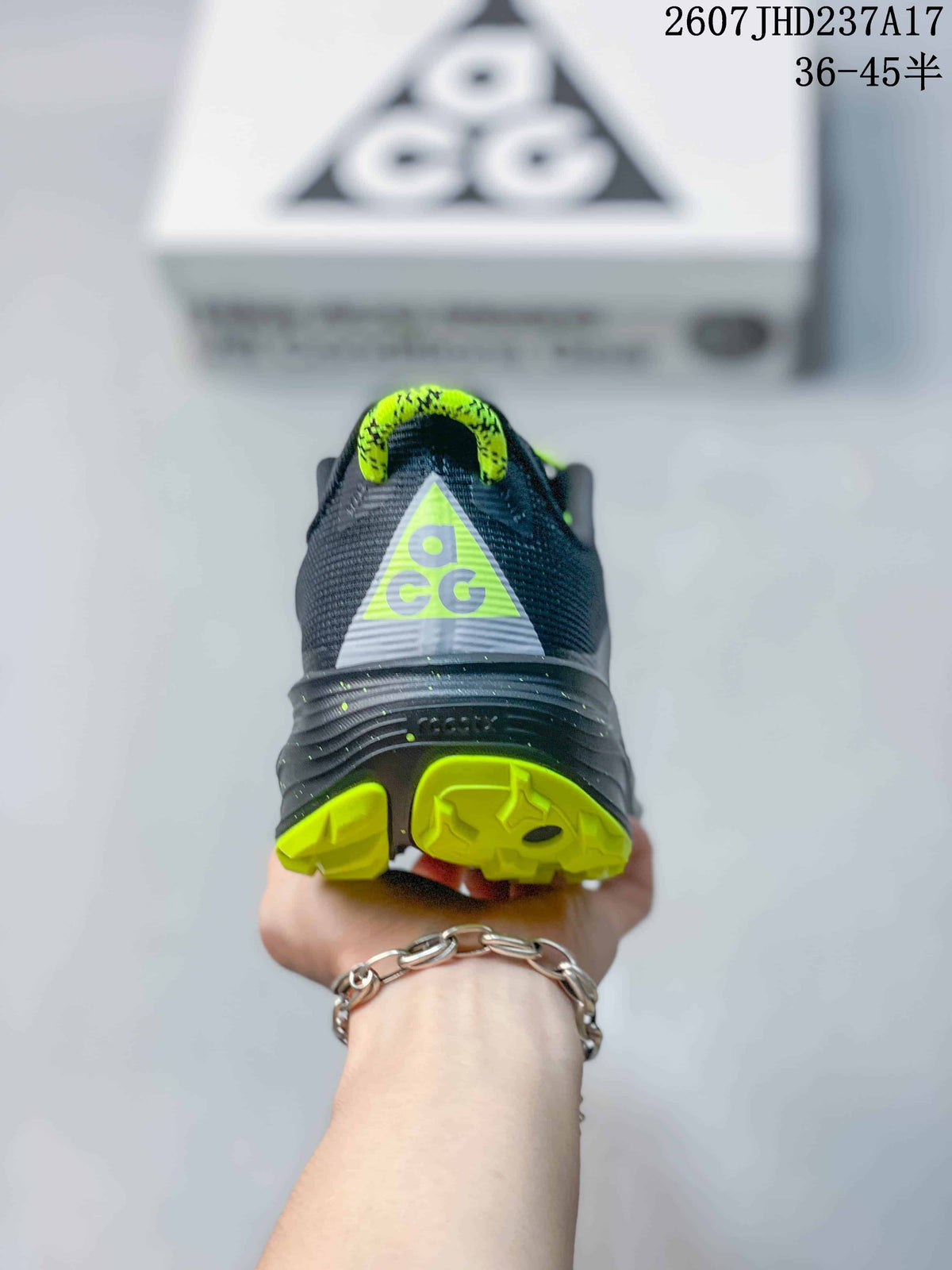 Nike ReactX Pegasus ACG Trail 6 Shoes, in Dark Gray and Lime - product image from the listing.